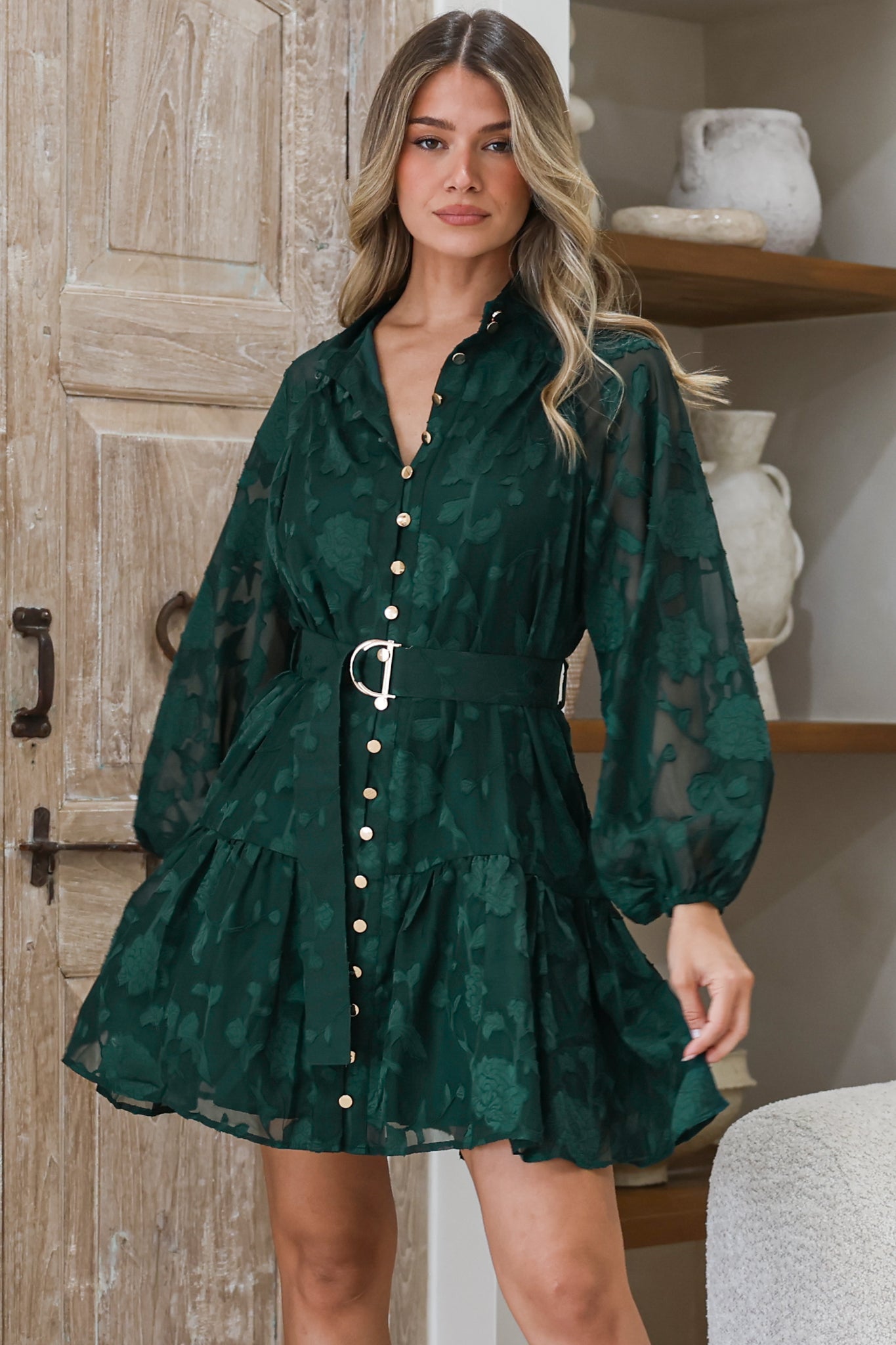 Solange Mini Dress - Floral Motif Overlay Front Button Placket Tiered Dress with Belt in Emerald