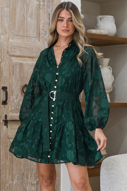 Solange Mini Dress - Floral Motif Overlay Front Button Placket Tiered Dress with Belt in Emerald