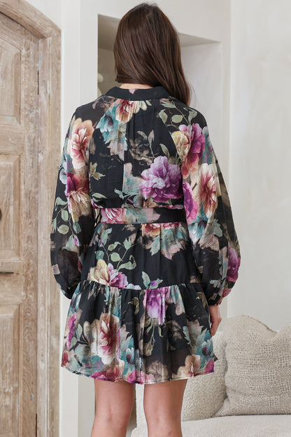 Solange Mini Dress - High Collar Front Button Placket Tiered Dress with Belt in Scandalous Print