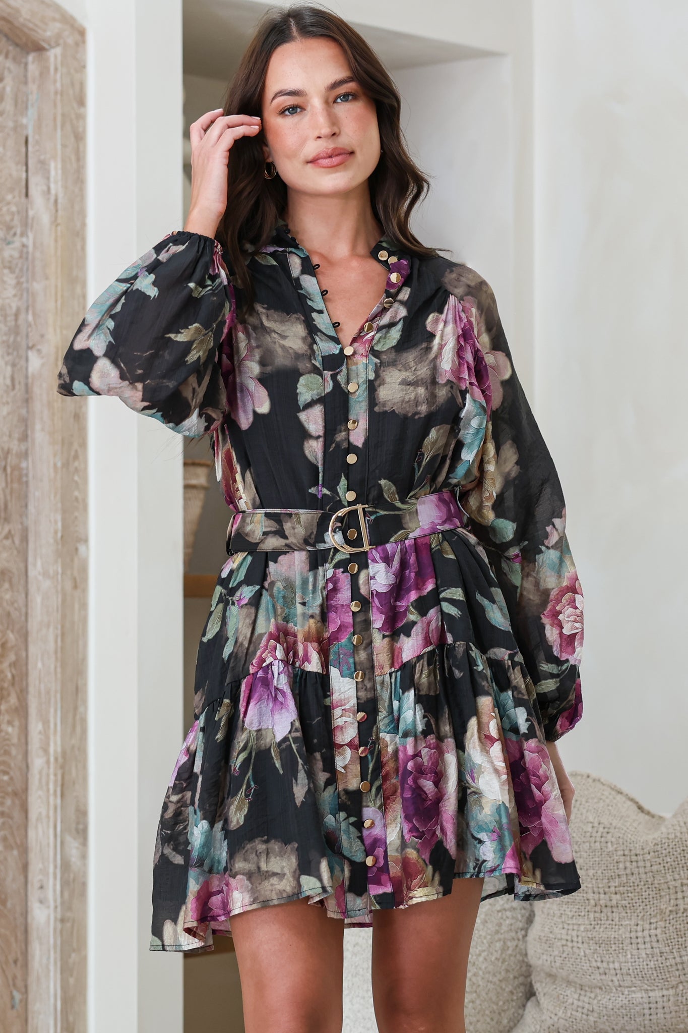 Solange Mini Dress - High Collar Front Button Placket Tiered Dress with Belt in Scandalous Print