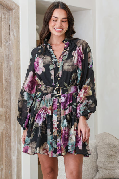 Solange Mini Dress - High Collar Front Button Placket Tiered Dress with Belt in Scandalous Print