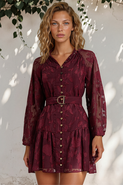Solange Mini Dress - Floral Motif Overlay Front Button Placket Tiered Dress with Belt in Wine
