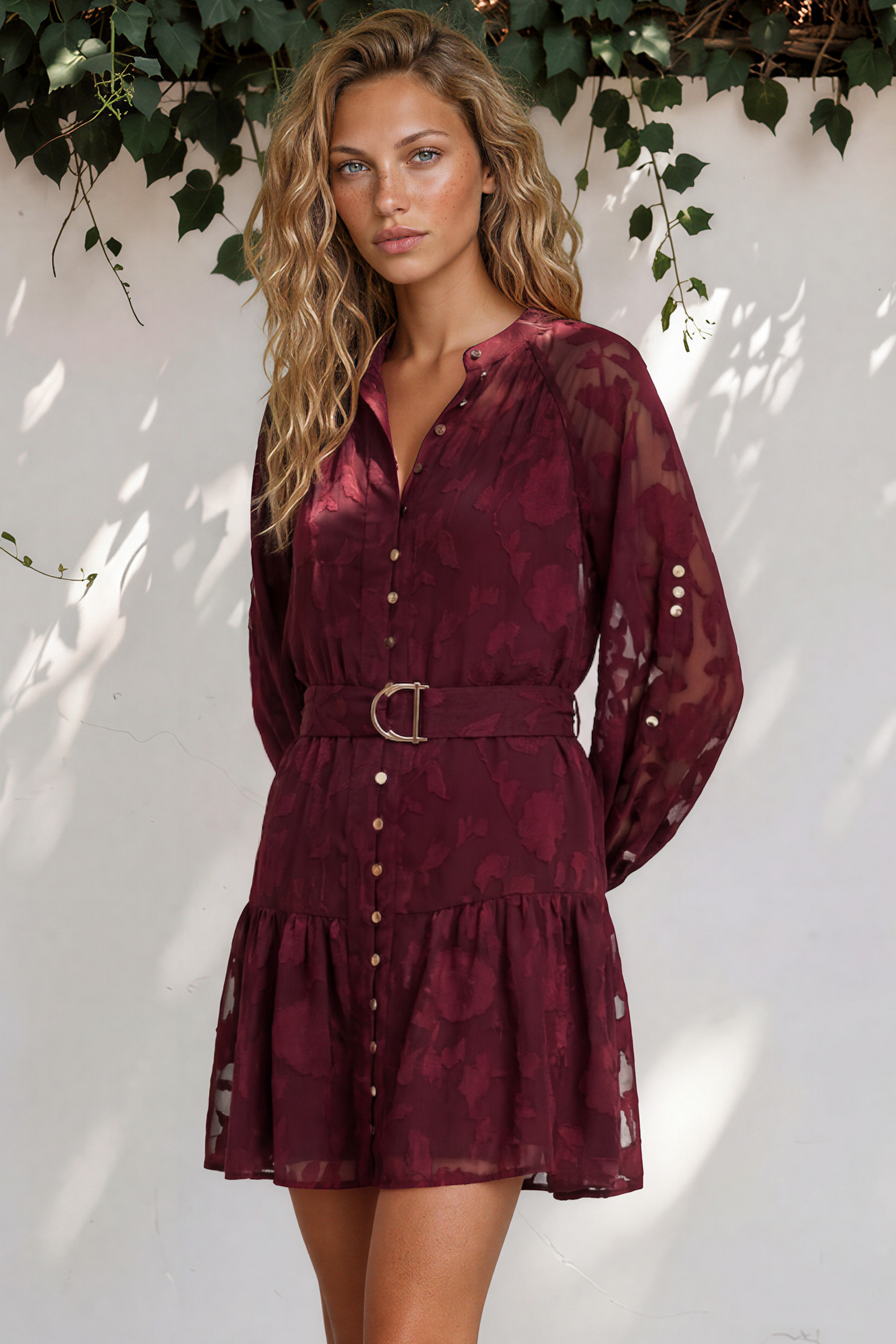 Solange Mini Dress - Floral Motif Overlay Front Button Placket Tiered Dress with Belt in Wine