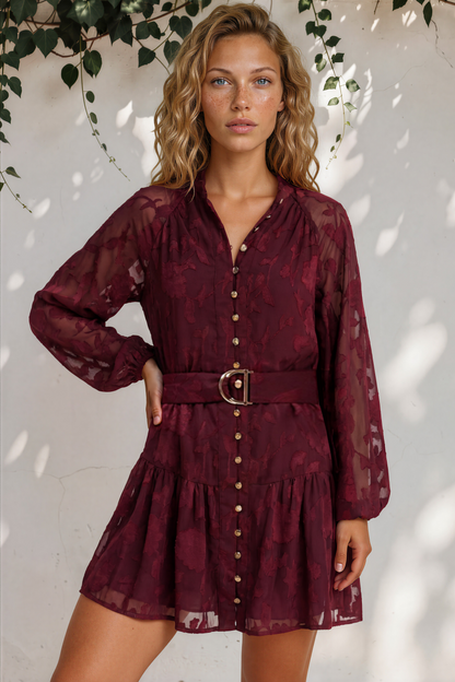 Solange Mini Dress - Floral Motif Overlay Front Button Placket Tiered Dress with Belt in Wine