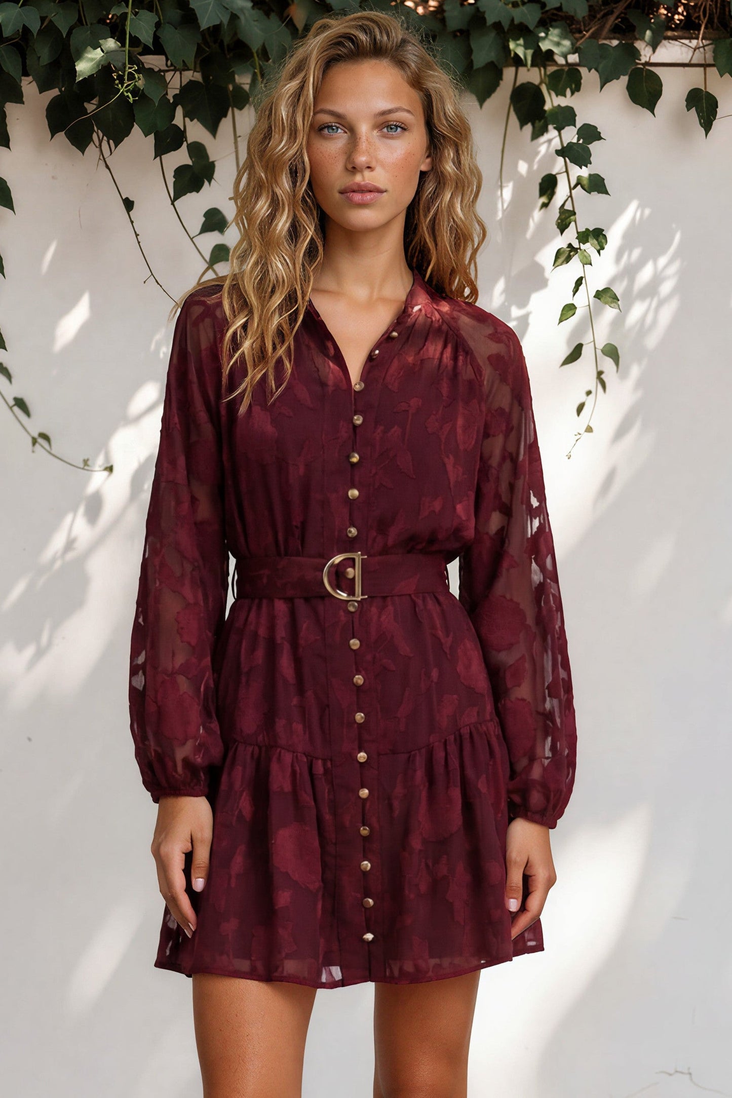 Solange Mini Dress - Floral Motif Overlay Front Button Placket Tiered Dress with Belt in Wine