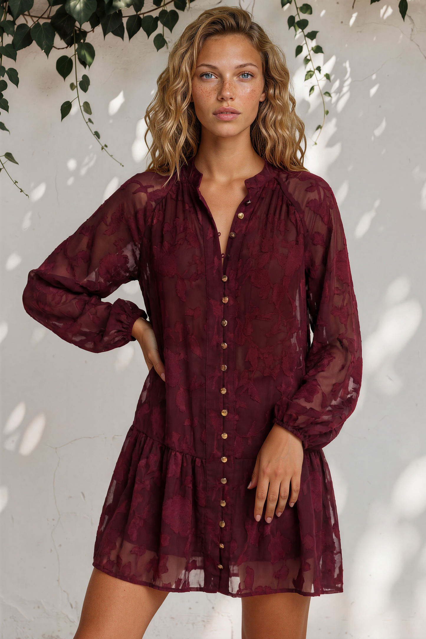 Solange Mini Dress - Floral Motif Overlay Front Button Placket Tiered Dress with Belt in Wine