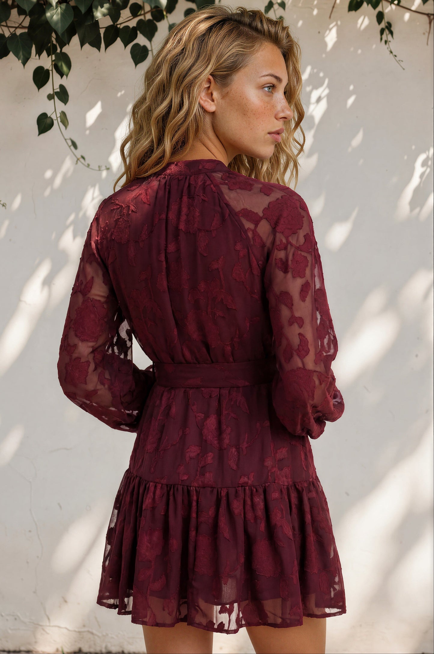 Solange Mini Dress - Floral Motif Overlay Front Button Placket Tiered Dress with Belt in Wine