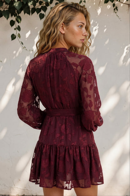 Solange Mini Dress - Floral Motif Overlay Front Button Placket Tiered Dress with Belt in Wine