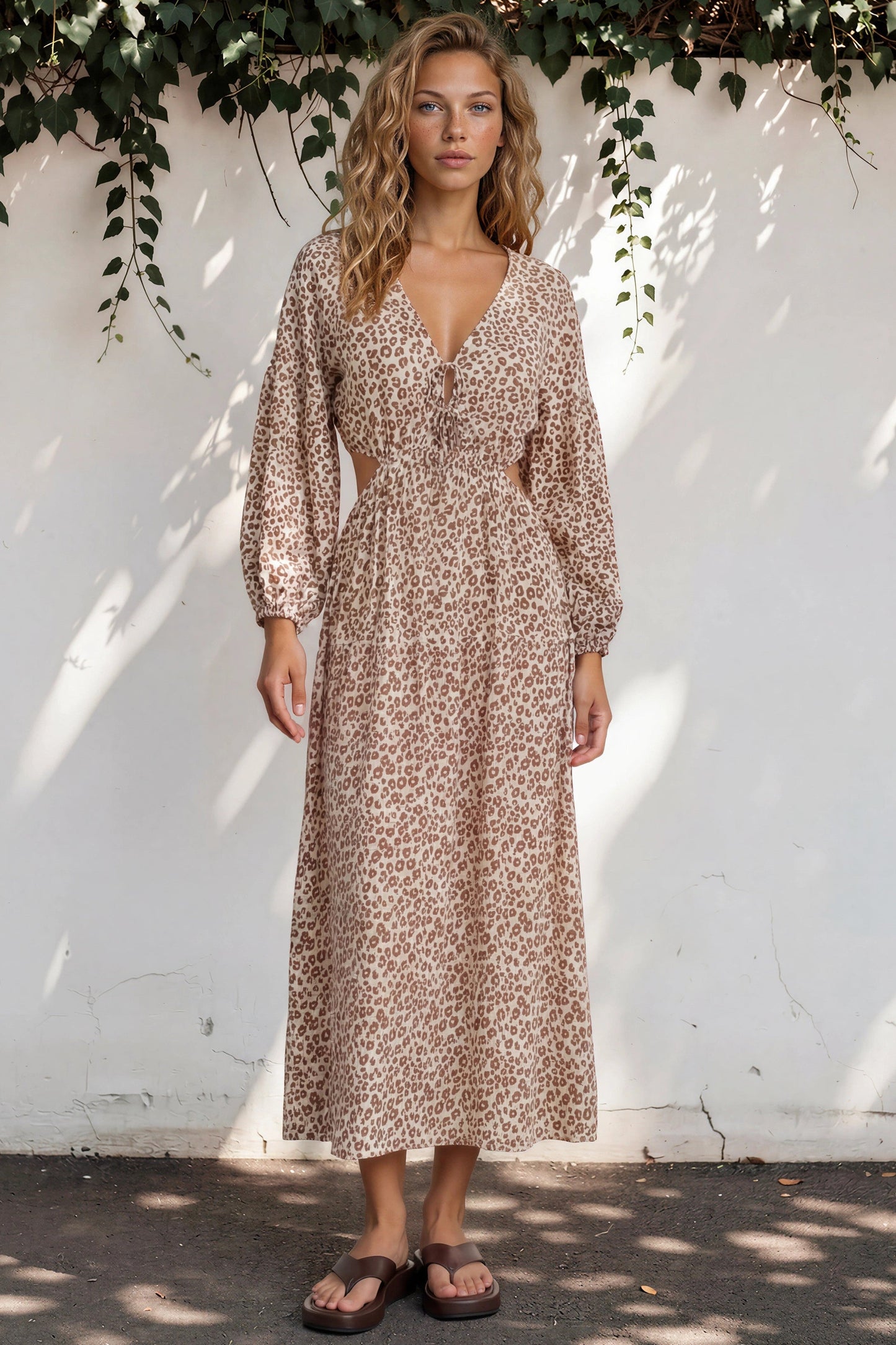 Sona Midi Dress - V Neck Cut Out Detail A Line Dress in Leo Lily Print