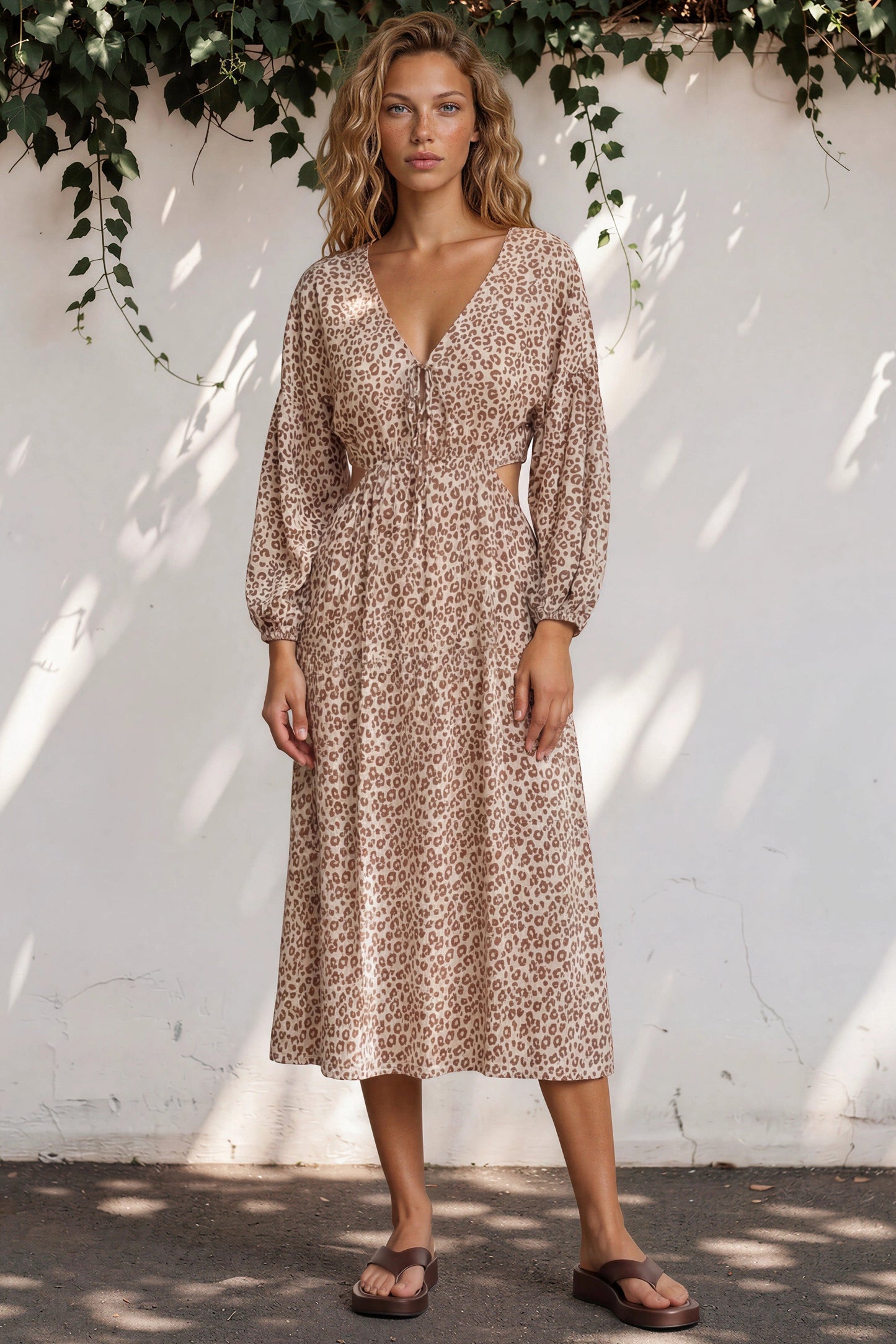 Sona Midi Dress - V Neck Cut Out Detail A Line Dress in Leo Lily Print