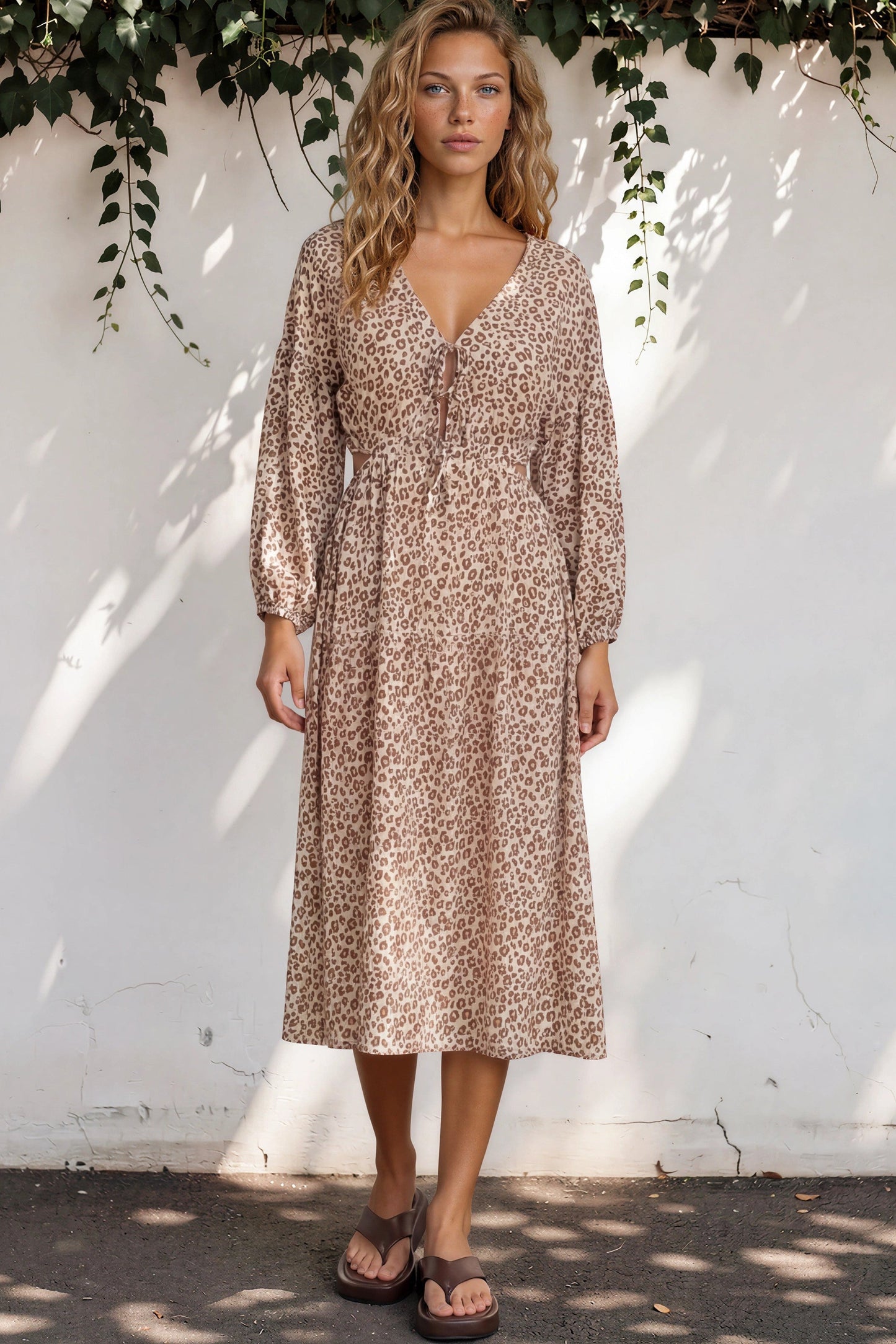 Sona Midi Dress - V Neck Cut Out Detail A Line Dress in Leo Lily Print