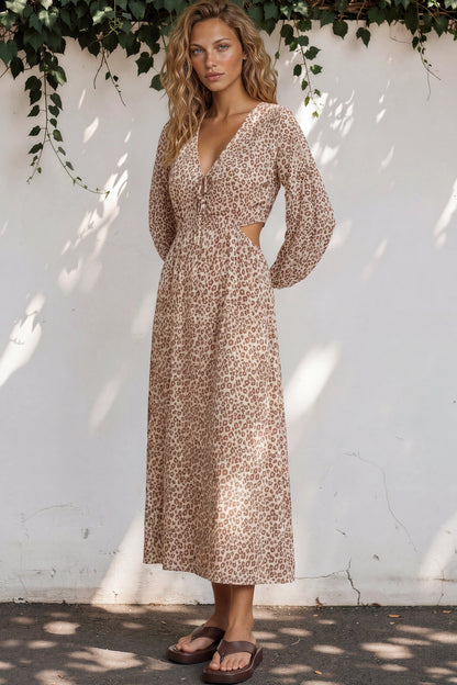 Sona Midi Dress - V Neck Cut Out Detail A Line Dress in Leo Lily Print