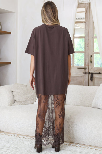 Sonoma T-Shirt Maxi Dress - Oversized Short Sleeve Dress with Lace Skirt in Chocolate