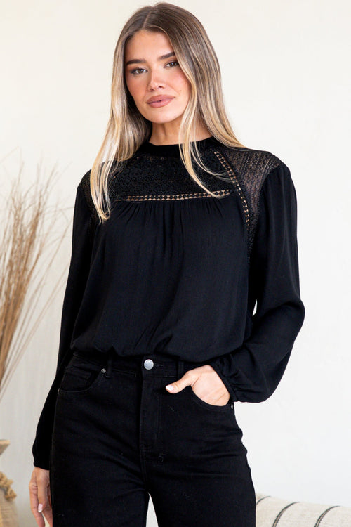 Sorbonne Top - Crew Neck Lace Splicing Pull Over with Balloon Sleeves in Black