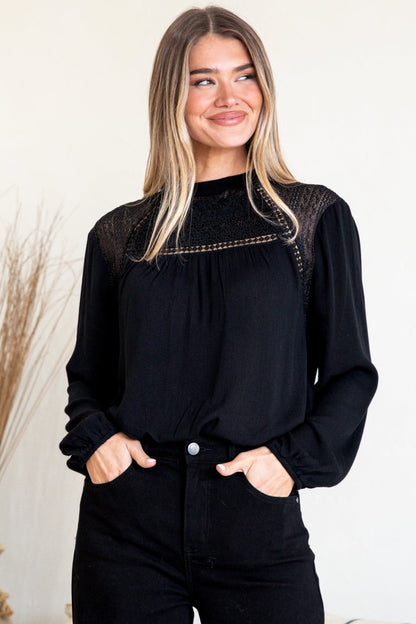 Sorbonne Top - Crew Neck Lace Splicing Pull Over with Balloon Sleeves in Black
