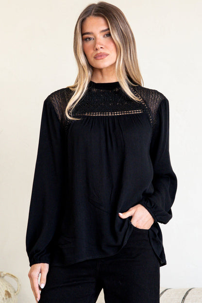 Sorbonne Top - Crew Neck Lace Splicing Pull Over with Balloon Sleeves in Black