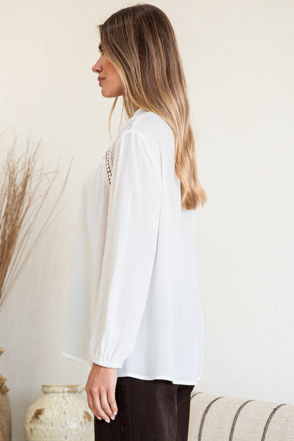 Sorbonne Top - Crew Neck Lace Splicing Pull Over with Balloon Sleeves in White