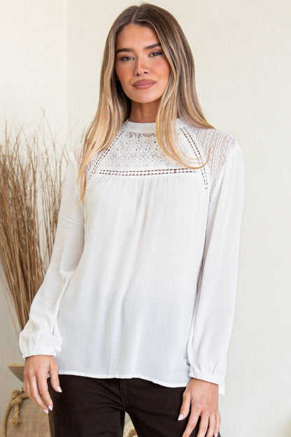 Sorbonne Top - Crew Neck Lace Splicing Pull Over with Balloon Sleeves in White
