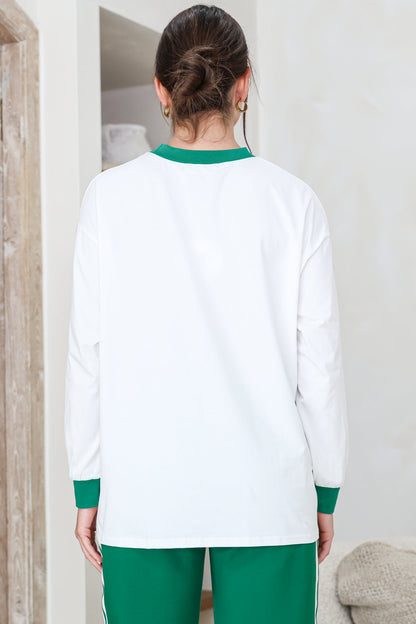 Spritz Long Sleeve Tee - Crew Neck Contrast Stripe Graphic T-Shirt in White