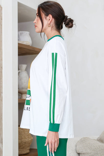 Spritz Long Sleeve Tee - Crew Neck Contrast Stripe Graphic T-Shirt in White