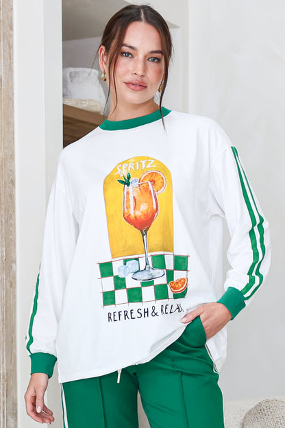 Spritz Long Sleeve Tee - Crew Neck Contrast Stripe Graphic T-Shirt in White