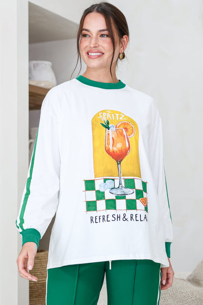 Spritz Long Sleeve Tee - Crew Neck Contrast Stripe Graphic T-Shirt in White