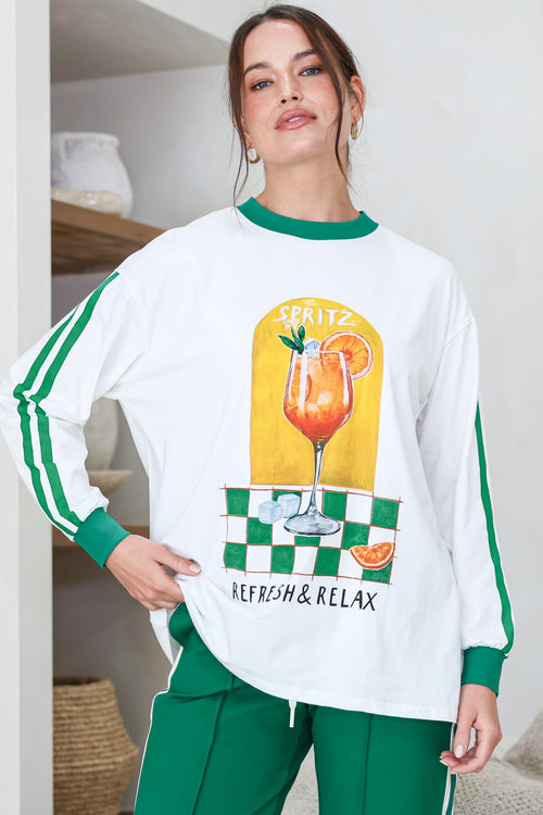Spritz Long Sleeve Tee - Crew Neck Contrast Stripe Graphic T-Shirt in White