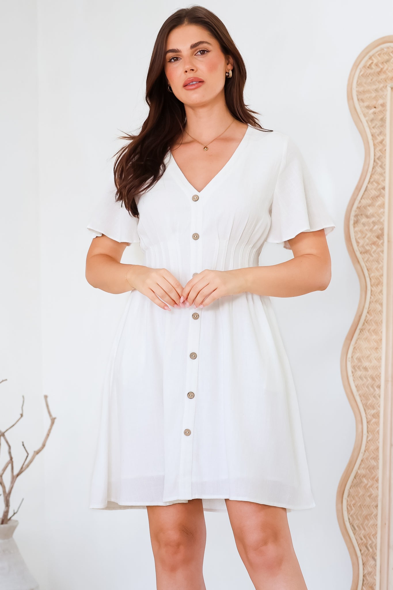 Stellar Mini Dress - Flutter Sleeve A-Line Dress with Pin Tuck Waist Detail in White