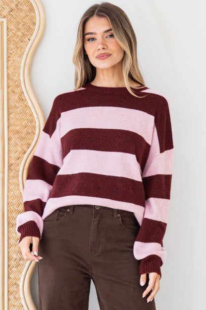 Sumner Jumper - Crew Neck Stripe Knit with Ribbed Hemlines in Wine/Pink