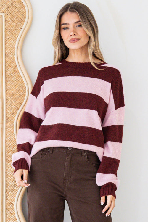Sumner Jumper - Crew Neck Stripe Knit with Ribbed Hemlines in Wine/Pink