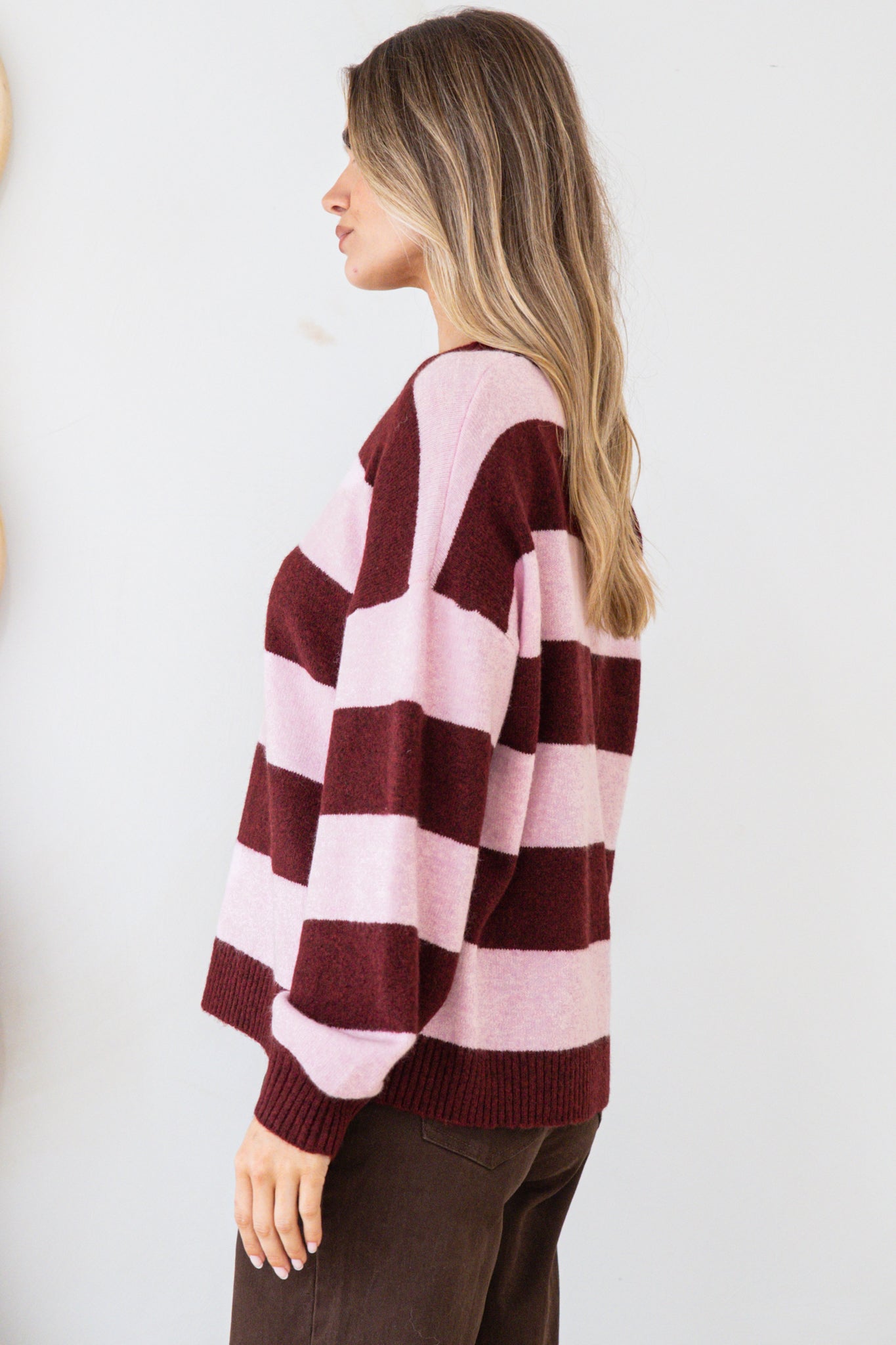 Sumner Jumper - Crew Neck Stripe Knit with Ribbed Hemlines in Wine/Pink