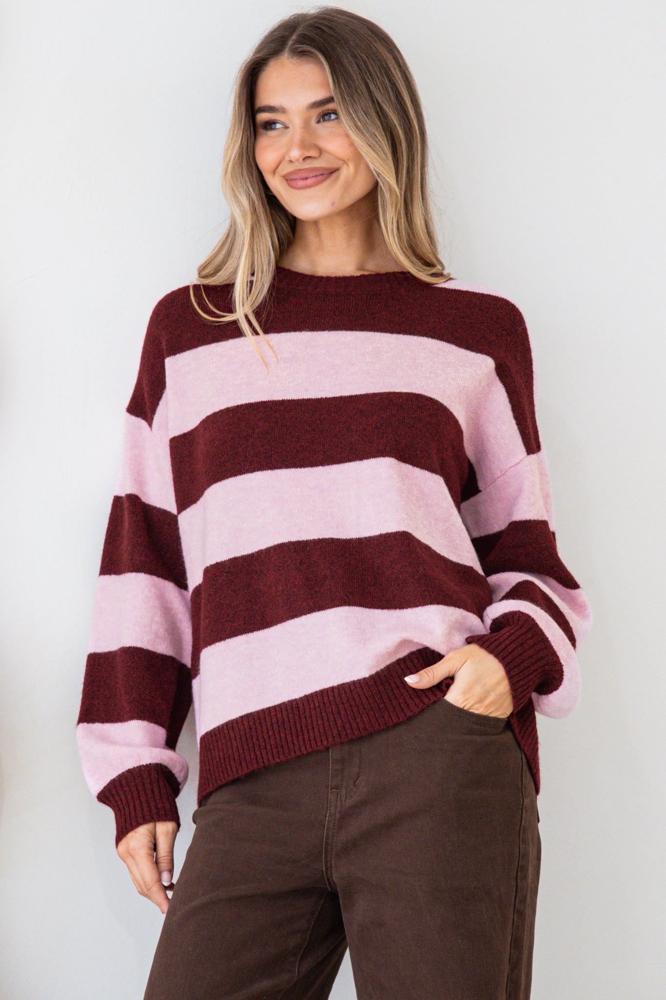 Sumner Jumper - Crew Neck Stripe Knit with Ribbed Hemlines in Wine/Pink