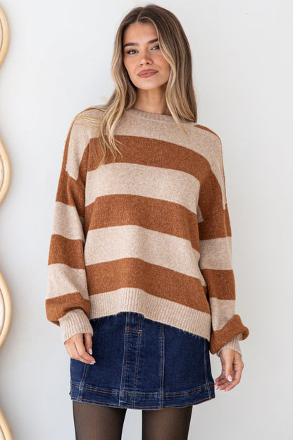 Sumner Jumper - Crew Neck Stripe Knit with Ribbed Hemlines in Mocha/Oatmeal