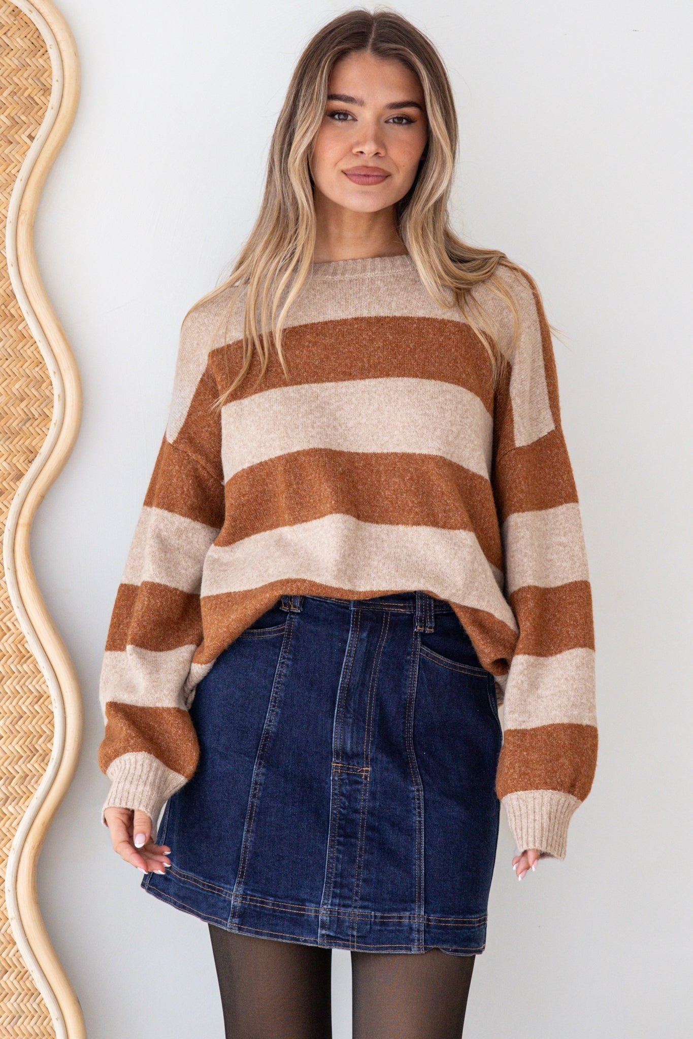 Sumner Jumper - Crew Neck Stripe Knit with Ribbed Hemlines in Mocha/Oatmeal