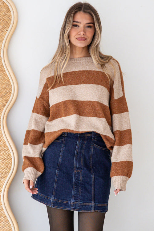 Sumner Jumper - Crew Neck Stripe Knit with Ribbed Hemlines in Mocha/Oatmeal
