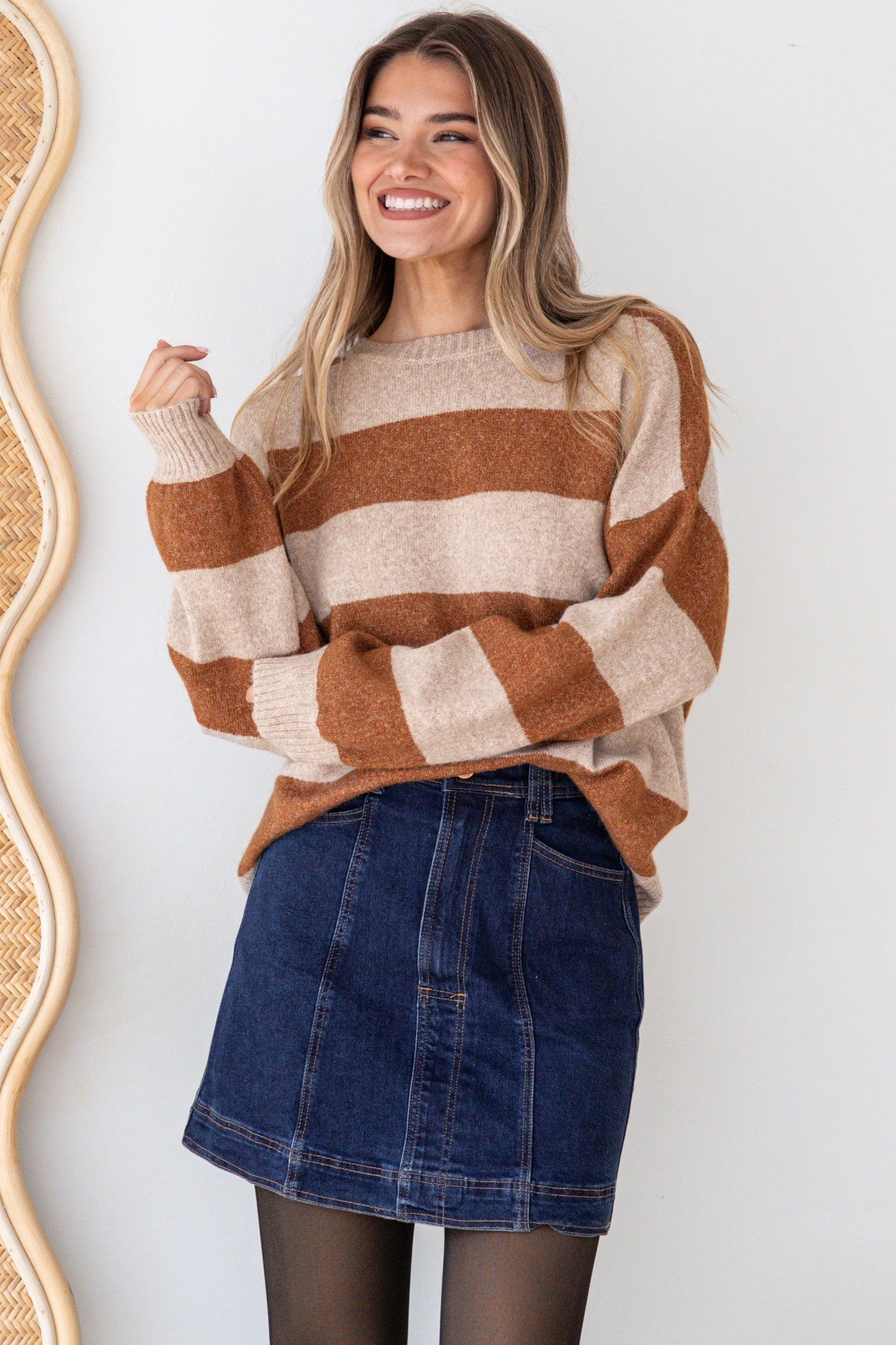 Sumner Jumper - Crew Neck Stripe Knit with Ribbed Hemlines in Mocha/Oatmeal