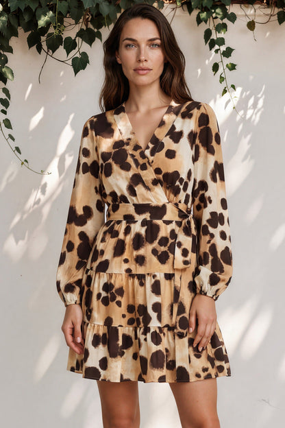 Sybil Mini Dress - Wrap A Line Dress with Long Balloon Sleeves in Leopard Print