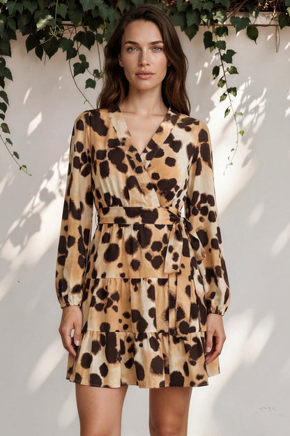 Sybil Mini Dress - Wrap A Line Dress with Long Balloon Sleeves in Leopard Print