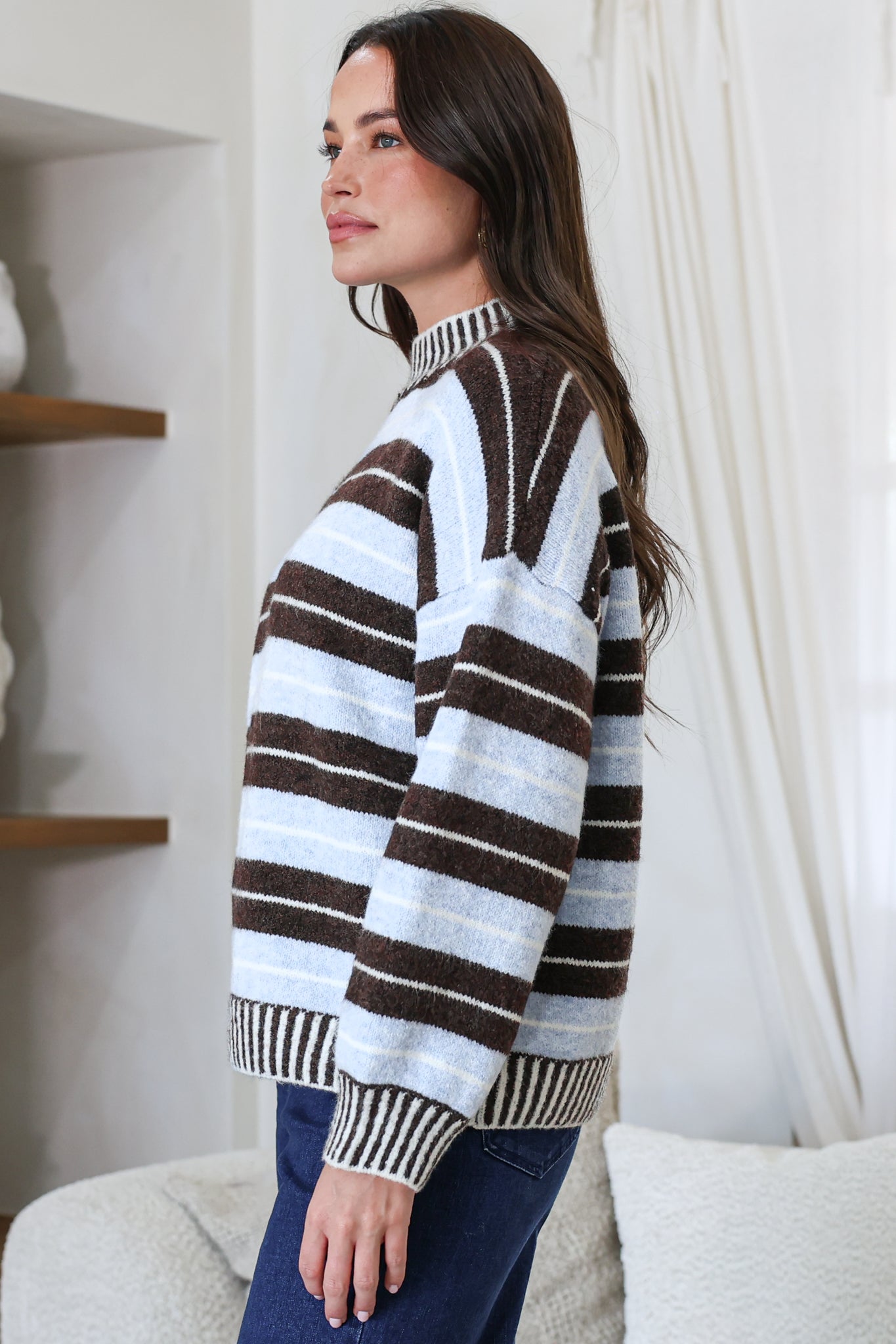 Sylvan Jumper - Mock Neck Striped Ribbed Hem Knit in Blue/Chocolate