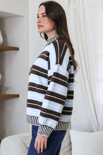 Sylvan Jumper - Mock Neck Striped Ribbed Hem Knit in Blue/Chocolate