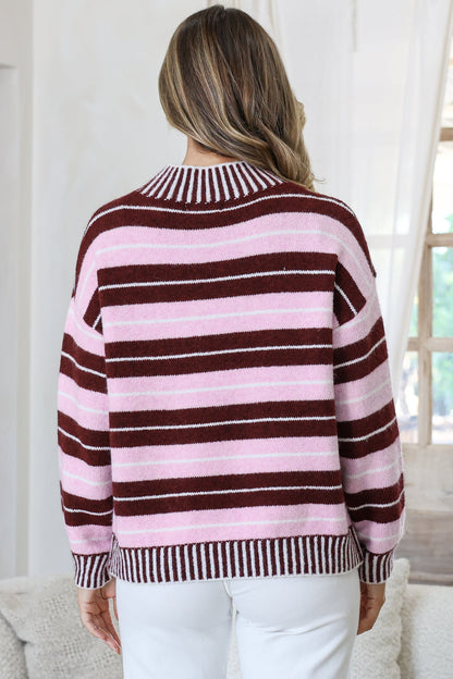 Sylvan Jumper - Mock Neck Striped Ribbed Hem Knit in Pink/Wine