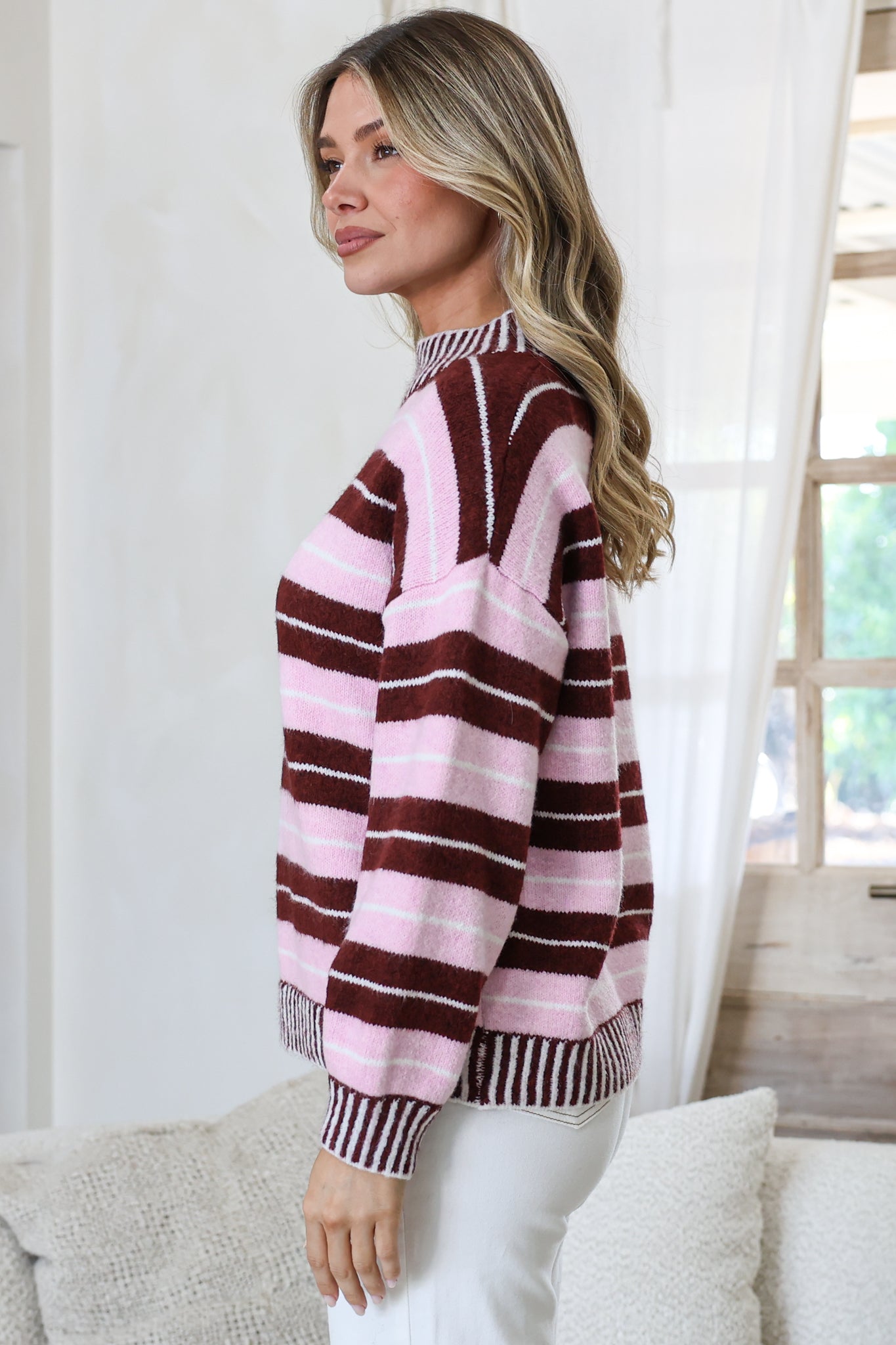 Sylvan Jumper - Mock Neck Striped Ribbed Hem Knit in Pink/Wine