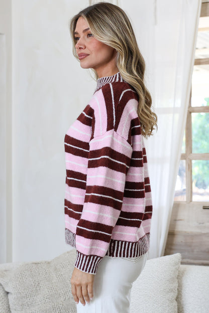 Sylvan Jumper - Mock Neck Striped Ribbed Hem Knit in Pink/Wine