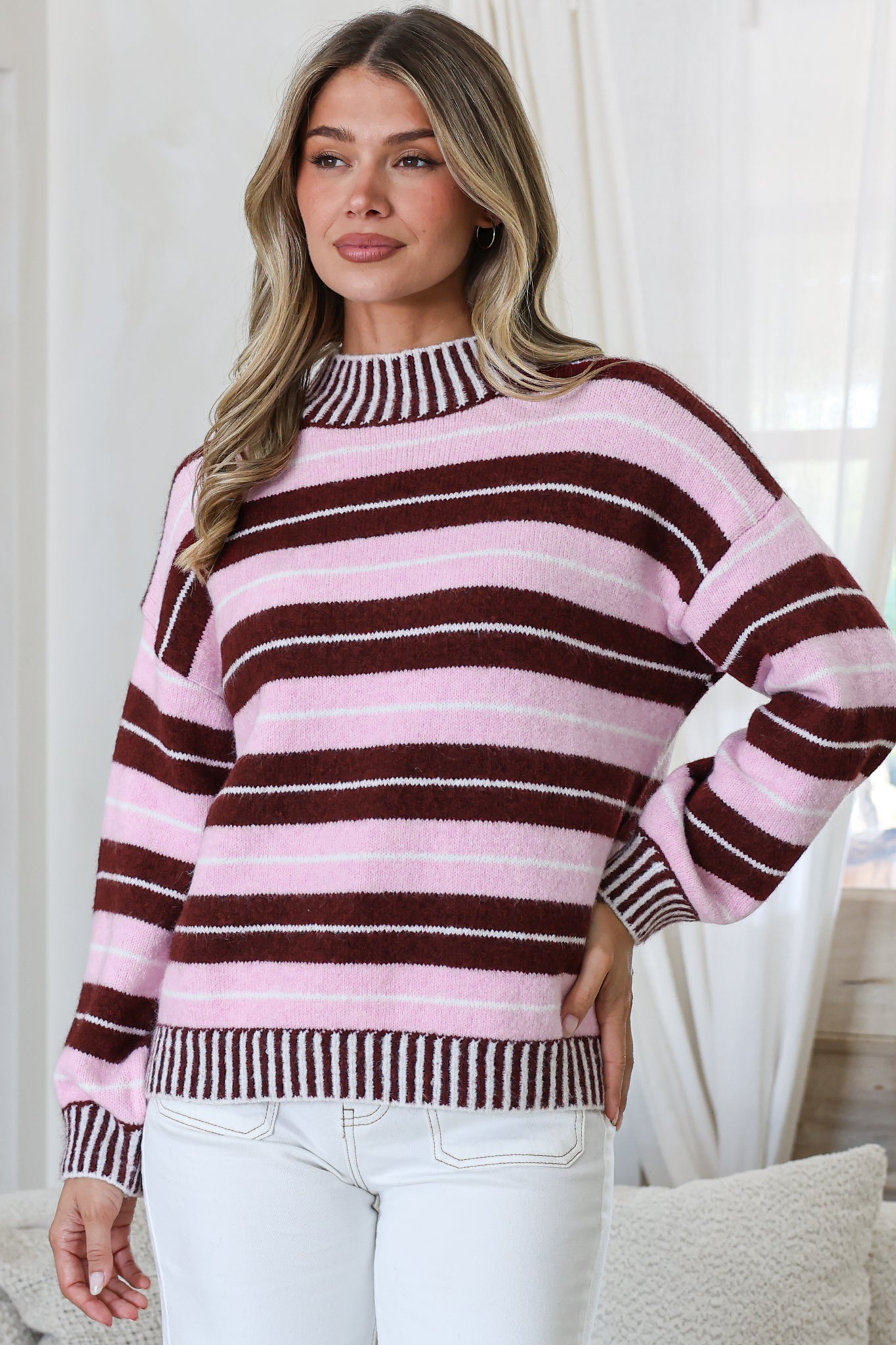 Sylvan Jumper - Mock Neck Striped Ribbed Hem Knit in Pink/Wine