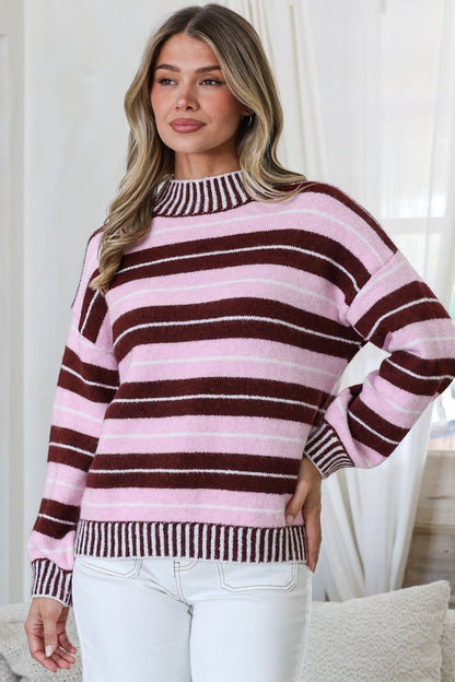 Sylvan Jumper - Mock Neck Striped Ribbed Hem Knit in Pink/Wine