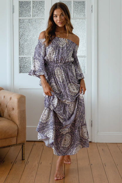 JAASE - Teegan Maxi Dress: Off Shoulder Scarf Sleeve Maxi Dress in Lilac Lullaby Print