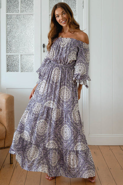 JAASE - Teegan Maxi Dress: Off Shoulder Scarf Sleeve Maxi Dress in Lilac Lullaby Print