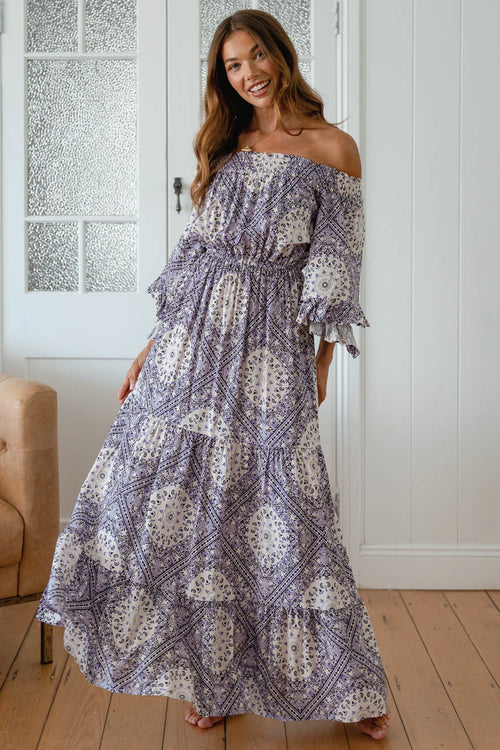 JAASE - Teegan Maxi Dress: Off Shoulder Scarf Sleeve Maxi Dress in Lilac Lullaby Print