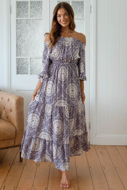 JAASE - Teegan Maxi Dress: Off Shoulder Scarf Sleeve Maxi Dress in Lilac Lullaby Print