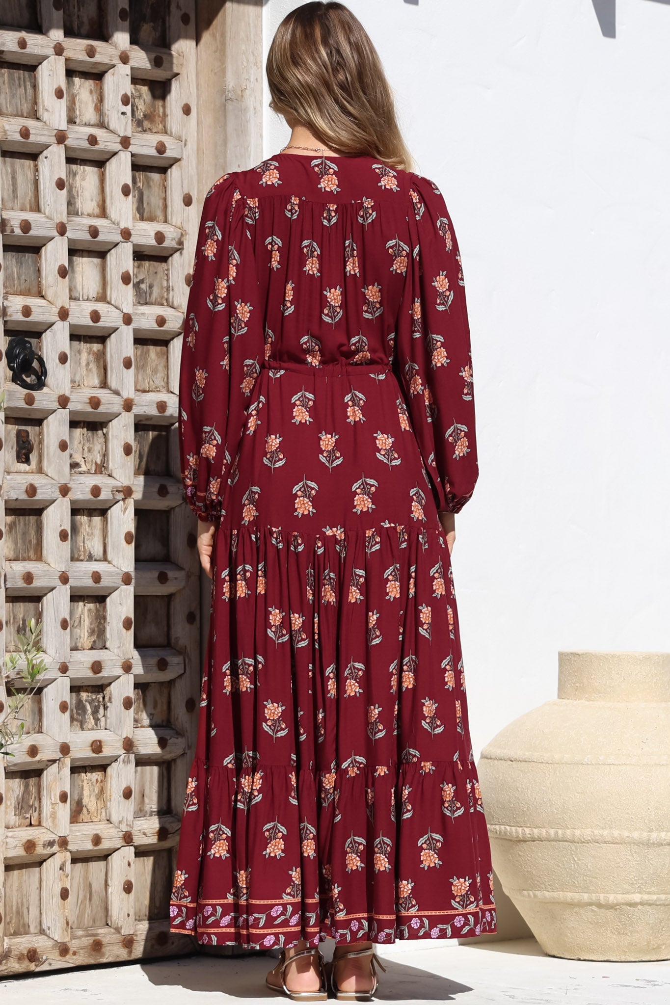 JAASE - Teresa Maxi Dress: A Line Dress with Long Balloon Sleeves in Grenache Print